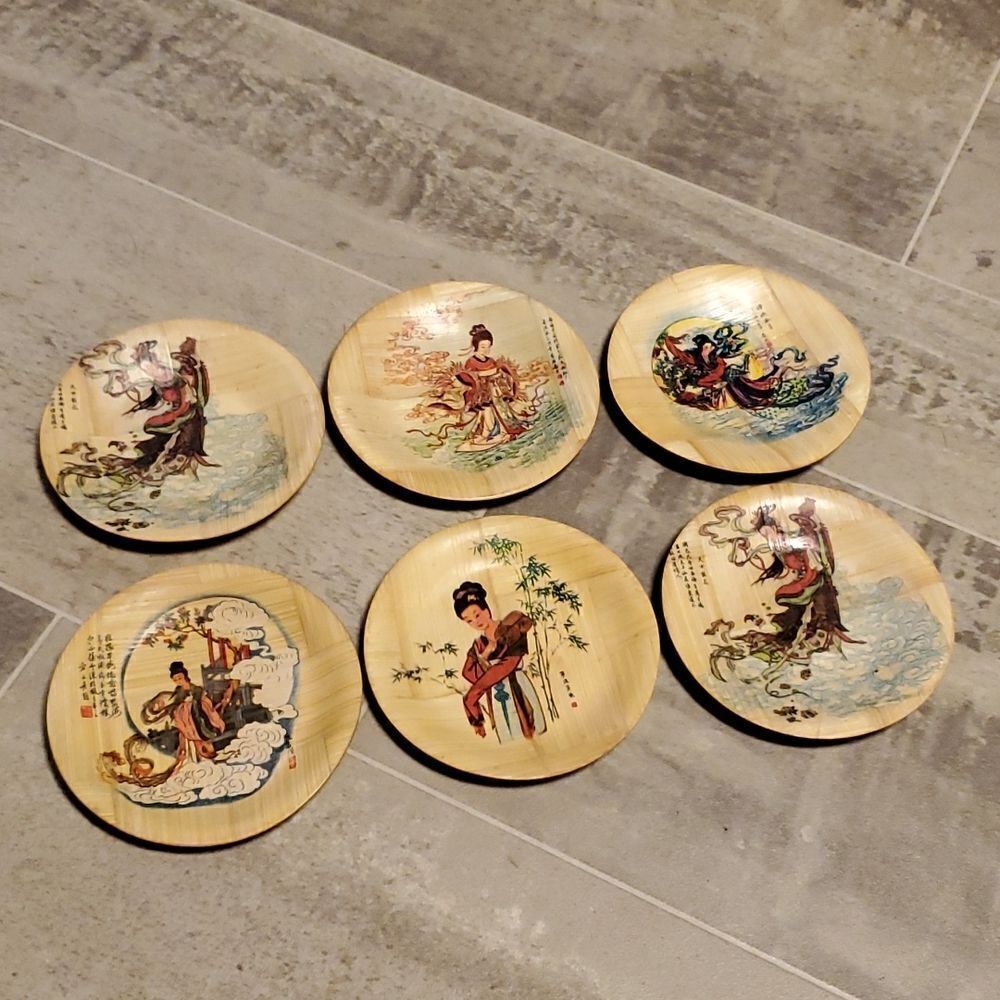 Vintage Bamboo Asian Set 6 Coasters